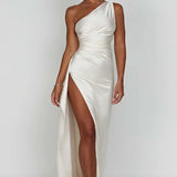 Satin One Shoulder Maxi Dress with Thigh Slit