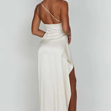 Satin One Shoulder Maxi Dress with Thigh Slit