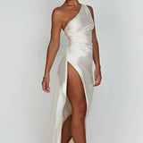 Satin One Shoulder Maxi Dress with Thigh Slit