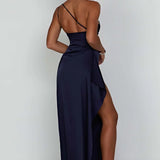 Satin One Shoulder Maxi Dress with Thigh Slit