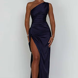 Satin One Shoulder Maxi Dress with Thigh Slit
