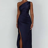 Satin One Shoulder Maxi Dress with Thigh Slit