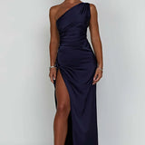 Satin One Shoulder Maxi Dress with Thigh Slit
