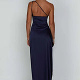 Satin One Shoulder Maxi Dress with Thigh Slit