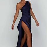 Satin One Shoulder Maxi Dress with Thigh Slit