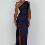 Satin One Shoulder Maxi Dress with Thigh Slit