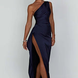 Satin One Shoulder Maxi Dress with Thigh Slit