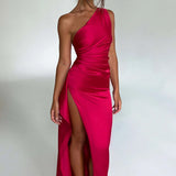 Satin One Shoulder Maxi Dress with Thigh Slit