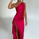 Satin One Shoulder Maxi Dress with Thigh Slit