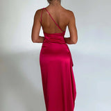 Satin One Shoulder Maxi Dress with Thigh Slit