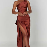 Satin One Shoulder Maxi Dress with Thigh Slit