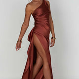 Satin One Shoulder Maxi Dress with Thigh Slit