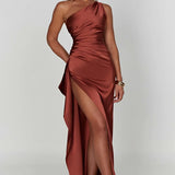 Satin One Shoulder Maxi Dress with Thigh Slit