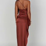 Satin One Shoulder Maxi Dress with Thigh Slit