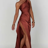 Satin One Shoulder Maxi Dress with Thigh Slit
