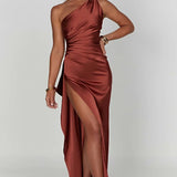 Satin One Shoulder Maxi Dress with Thigh Slit