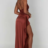 Satin One Shoulder Maxi Dress with Thigh Slit