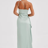 Satin One Shoulder Maxi Dress with Thigh Slit