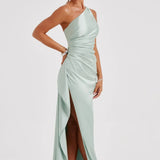 Satin One Shoulder Maxi Dress with Thigh Slit