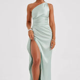Satin One Shoulder Maxi Dress with Thigh Slit