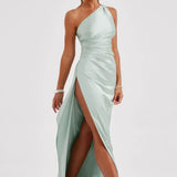 Satin One Shoulder Maxi Dress with Thigh Slit