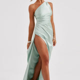 Satin One Shoulder Maxi Dress with Thigh Slit