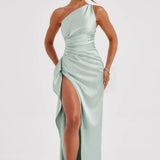 Satin One Shoulder Maxi Dress with Thigh Slit
