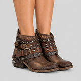 Studded Ankle Boots with Buckle Straps and Chain Detail
