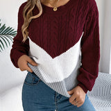 Cable Knit Color Block Sweater with Round Neck and Long Sleeves