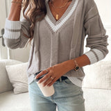 V-Neck Sweater with Cable Knit and Striped Trim