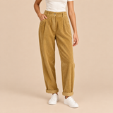 Women's High Waisted Corduroy Pants with Pleated Front and Tapered Legs