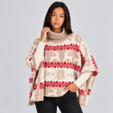 Women's Christmas Sweater – Reindeer Pattern Turtleneck Knit Sweater with Batwing Sleeves