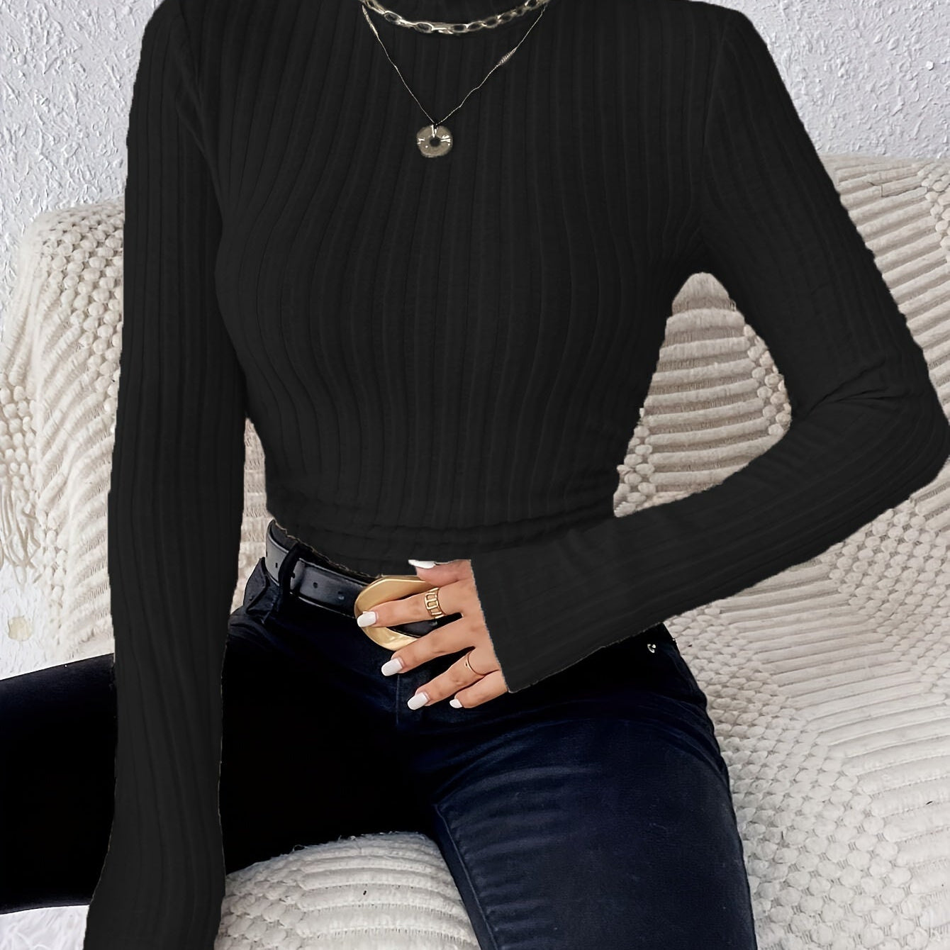 Slim Fit Ribbed Turtleneck Sweater with Long Sleeves