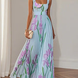 Belted Pleated Maxi Dress with Square Neck and Floral Print