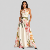 Halter Neck Floral Maxi Dress with Ruched Waist