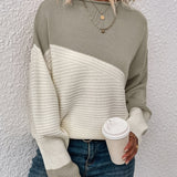 Color Block Ribbed Knit Sweater with Round Neck
