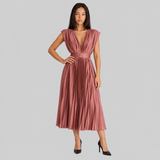 Pleated Midi Dress with V-Neck and Cap Sleeves