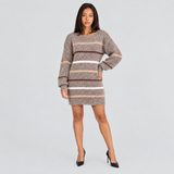 Striped Knit Mini Sweater Dress with Long Sleeves and Round Neck