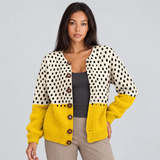 Colorblock Cardigan with Polka Dot Print and Button Front