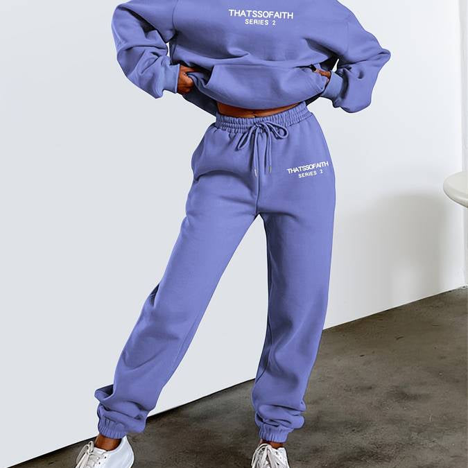Women's Two Piece Tracksuit with Graphic Print Hoodie and Drawstring Jogger Pants