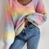 V Neck Sweater with Balloon Sleeves and Ribbed Cuff