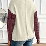 Cable Knit Color Block Sweater with Chest Pocket and Round Neck