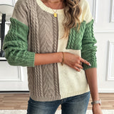 Cable Knit Color Block Sweater with Chest Pocket and Round Neck