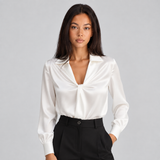 Satin Blouse with Twist Front and Collared Neckline