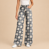 Women's Wide Leg Jeans with High Waist Daisy Floral Print and Five Pocket Design
