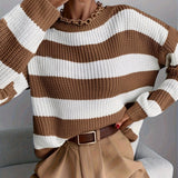 Oversized Chunky Knit Striped Sweater with Round Neck