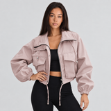 Cropped Zip-Front Utility Jacket with Drawstring and Flap Pockets