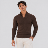 Textured Cable Knit Sweater with Quarter Zip and Stand Collar