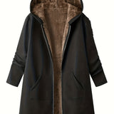 Faux Fur Lined Hooded Jacket with Zip Front and Patch Pockets