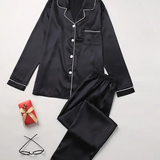 Satin Pajama Set with Button-Up Shirt and Long Pants